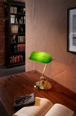 Eglo Banker Green And Brass Metal And Glass Bankers Table Lamp(L) 27.5Cm from B&Q