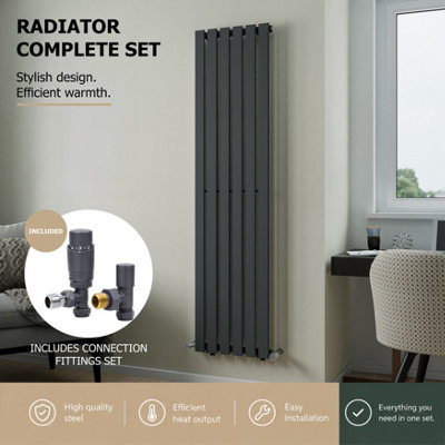 Agadon Lola Vertical Designer Panel Radiator 1800 X 448 mm Textured Anthracite Including Anthracite Angled Trv Valve from B&Q