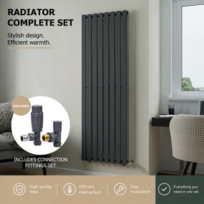 Agadon Lola Vertical Designer Panel Radiator 1800 X 600 mm Textured Anthracite Including Anthracite Angled Trv Valve from B&Q