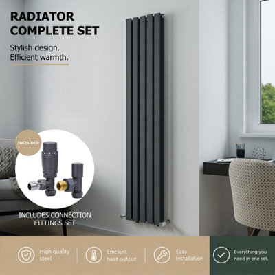 Agadon Lola Double Vertical Designer Panel Radiator 1800 X 372 mm Textured Anthracite Including Anthracite Angled Trv Valve from B&Q