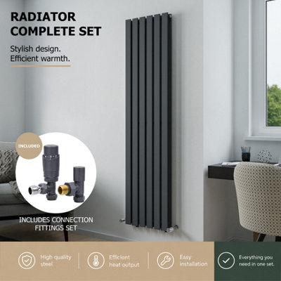 Agadon Lola Double Vertical Designer Panel Radiator 1800 X 448 mm Textured Anthracite Including Anthracite Angled Trv Valve from B&Q