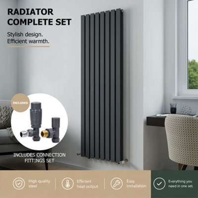 Agadon Lola Double  Vertical Designer Panel Radiator 1800 X 600 mm Textured Anthracite Including Anthracite Angled Trv Valve from B&Q