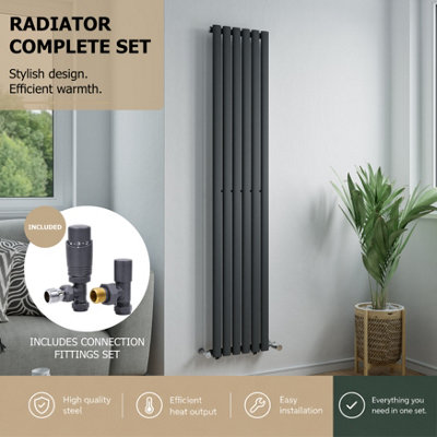 Agadon Solo Vertical Designer Oval Tube Panel Radiator 1800 X 360 mm Textured Anthracite Including Anthracite Angled Trv Valve from B&Q