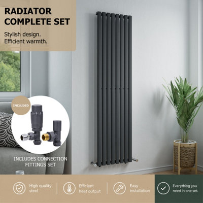 Agadon Solo Vertical Designer Oval Tube Panel Radiator 1800 X 480 mm Textured Anthracite Including Anthracite Angled Trv Valve from B&Q