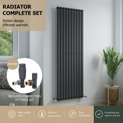 Agadon Solo Vertical Designer Oval Tube Panel Radiator 1800 X 600 mm Textured Anthracite Including Anthracite Angled Trv Valve from B&Q