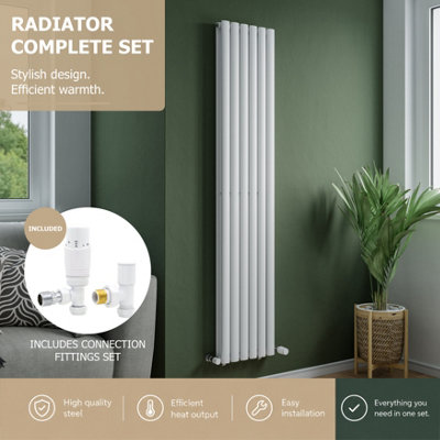 Agadon Solo Double Vertical Designer Oval Tube Panel Radiator 1800 X 360 mm White Including White Angled Trv Valve from B&Q