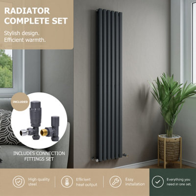 Agadon Solo Double Vertical Designer Oval Tube Panel Radiator 1800 X 360 mm Textured Anthracite Including Angled Trv Valve from B&Q