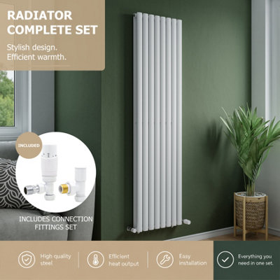 Agadon Solo Double Vertical Designer Oval Tube Panel Radiator 1800 X 480 mm White Including White Angled Trv Valve from B&Q