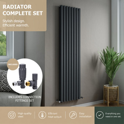 Agadon Solo Double Vertical Designer Oval Tube Panel Radiator 1800 X 480 mm Textured Anthracite Including  Angled Trv Valve from B&Q