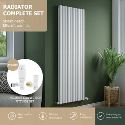Agadon Solo Double Vertical Designer Oval Tube Panel Radiator 1800 X 600 mm White Including White Angled Trv Valve from B&Q