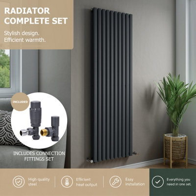 Agadon Solo Double Vertical Designer Oval Tube Panel Radiator 1800 X 600 mm Textured Anthracite Including Angled Trv Valve from B&Q