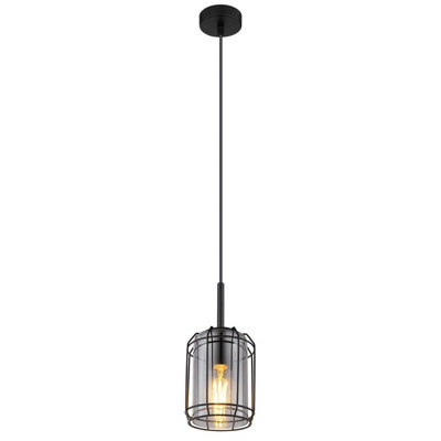 B&Q -  Luminosa Kammi Wire Frame Pendant Ceiling Light Matt Black Smoke Glass Shade 1X E27