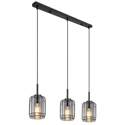 B&Q -  Luminosa Kammi Bar Pendant Ceiling Light Matt Black Smoke Glass Shade 3X E27