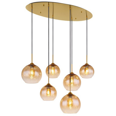 B&Q -  Luminosa Jamessa Cluster Pendant Ceiling Light Brass-Coloured Matt Amber Glass Shade 6X E27