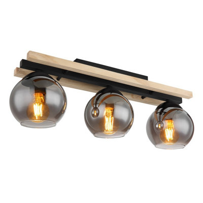 Luminosa Lighting Luminosa Conni Globe Ceiling Light Matt Black Wood Natural Brown Smoke Glass Shade 3X E27 from B&Q