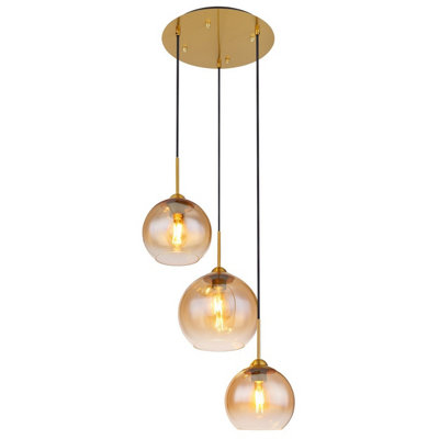 B&Q -  Luminosa Jamessa Cluster Pendant Ceiling Light Brass-Coloured Matt Amber Glass Shade 3X E27