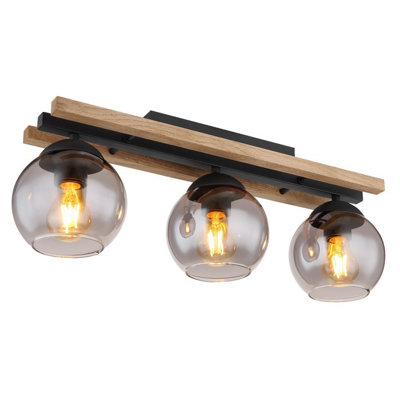 Luminosa Lighting Luminosa Conni Globe Ceiling Light Matt Black Wood Dark Brown Smoke Glass Shade 3X E27 from B&Q