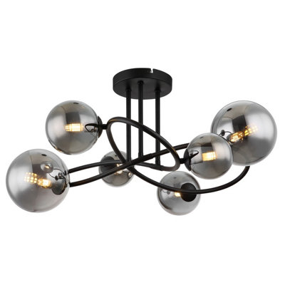 Luminosa Lighting Luminosa Riha Multi Arm Semi Flush Ceiling Lamp Matt Black Smoke Glass Shade 6X G9 3000K from B&Q