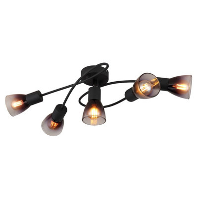 Luminosa Lighting Luminosa Satella Multi Arm Semi Flush Ceiling Lamp Matt Black Smoke Glass Shade 5X E14 from B&Q