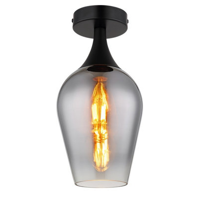 B&Q -  Luminosa Lavus Semi Flush Ceiling Light Matt Black Chromed Glass Shade 1X E27