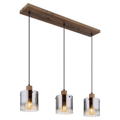 Luminosa Lighting Luminosa Underwood Bar Pendant Ceiling Light Wood Look Dark Smoke Glass Shade 3X E27 from B&Q