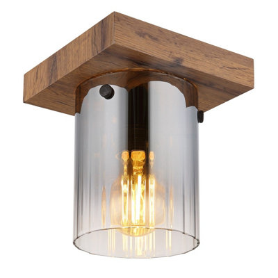 Luminosa Lighting Luminosa Underwood Cylindrical Ceiling Light Wood Look Dark Smoke Glass Shade 1X E27 from B&Q