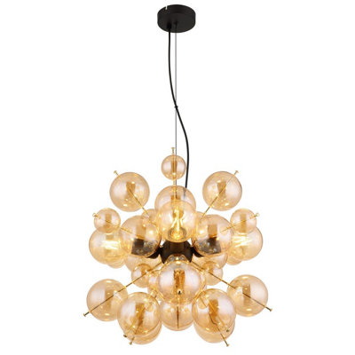 Luminosa Lighting Luminosa Udo Globe Pendant Ceiling Light Matt Black Balls Amber Glass Shade 4X E27 from B&Q