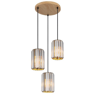 Luminosa Lighting Luminosa Run Cluster Pendant Ceiling Light Wood Look K5 Crystals Smoke Colored 3X E27 from B&Q