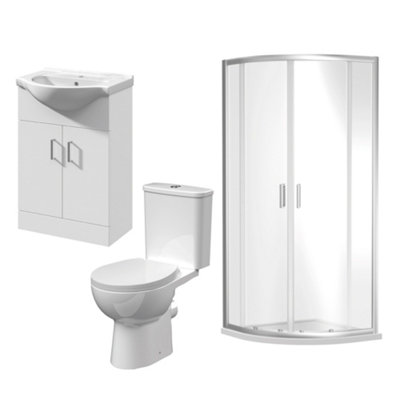 900mm Quadrant Shower Enclosure Suite with Shower Enclosure, Shower Tray, Waste, Vanity Basin Unit, Toilet and Seat - Chrome/White