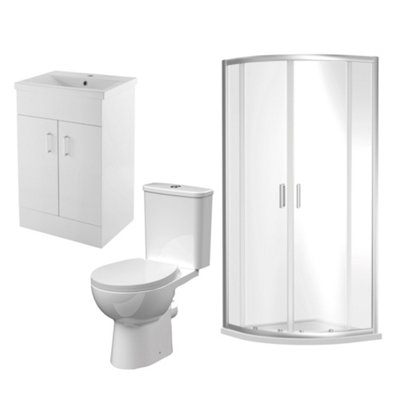 900mm Quadrant Shower Enclosure Suite with Shower Enclosure, Shower Tray, Waste, Vanity Basin Unit,Toilet and Seat - Chrome/White