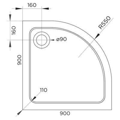 900mm White Quadrant 45mm Low Profile Shower Tray with Matt Black Waste