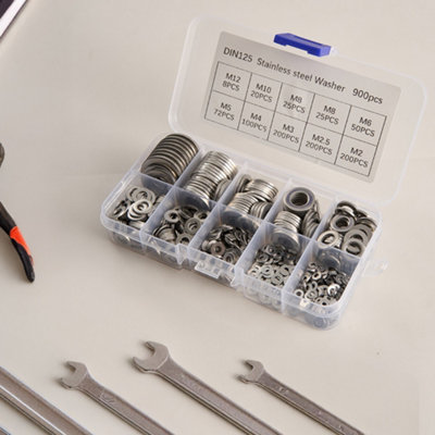 900Pcs Multiple sizes Sliver Stainless Steel Flat Washers Set