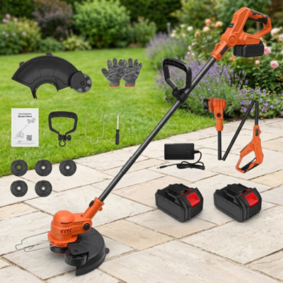  - 21V Cordless Grass Trimmer Strimmer Garden Lawn Edger Cutter With 2 Batteries  Orange
