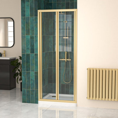 Nes Home 800mm Brushed Brass Bi-Fold Shower Door Tempered Glass from B&Q