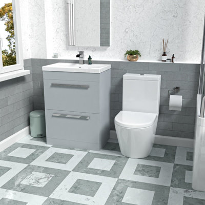 B&Q -  600mm Matte Grey Drawers Vanity Basin Unit & Round Close Coupled Toilet