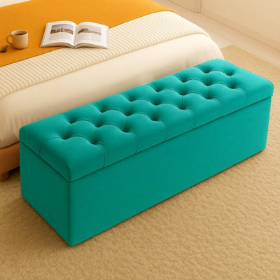 90cm Chesterfield Ottoman Storage Box- Plush Velvet Shoe Bench - Teal ...