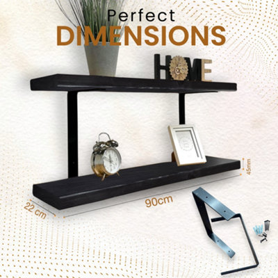 90cm Double Rustic Wooden Shelves Wall-Mounted Shelf with Seated Black ...
