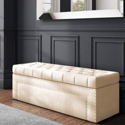 90cm Duke Ottoman Storage Box -Chesterfield Upholstered Blanket Box - Cream Plush Velvet Ottoman Bench