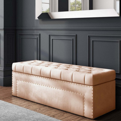 90cm Duke Ottoman Storage Box -Chesterfield Upholstered Blanket Box - Mink Plush Velvet Ottoman Bench