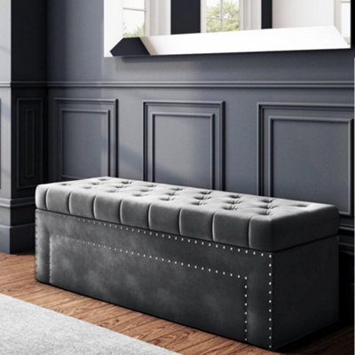 90cm Duke Ottoman Storage Box -Chesterfield Upholstered Blanket Box - Steel Grey Plush Velvet Ottoman Bench