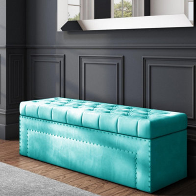 90cm Duke Ottoman Storage Box -Chesterfield Upholstered Blanket Box - Teal Plush Velvet Ottoman Bench