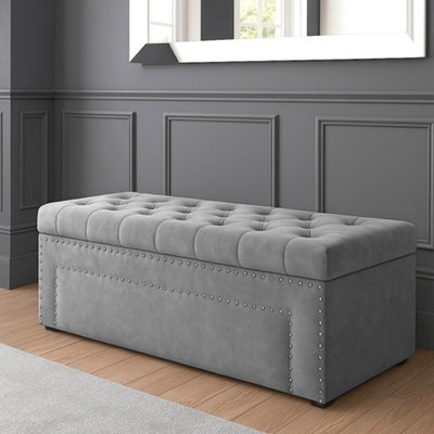 90cm Duke Ottoman Storage Box -Upholstered Blanket Box - Grey Plush ...
