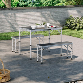 90cm L Aluminum Portable Foldable Outdoor Garden Camping Table and Benches Set, Black