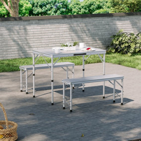 90cm L Aluminum Portable Foldable Outdoor Garden Camping Table and Benches Set, Brushed Silver