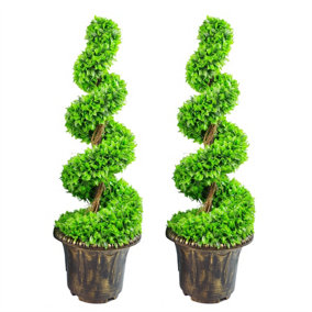 90cm Pair of Green Large Leaf Spiral  Topiary Trees with Decorative Planters