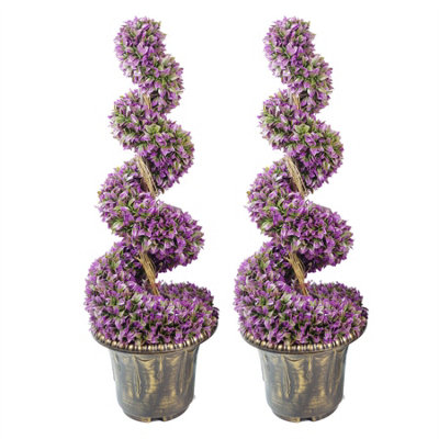 90cm Pair of Purple Large Leaf Spiral Topiary Trees with Decorative