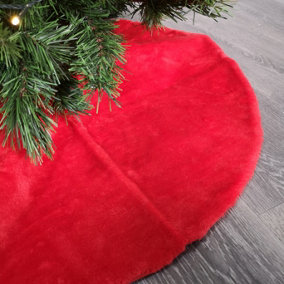 90cm Red Fluffy Plush Christmas Tree Skirt with Ribbon Ties