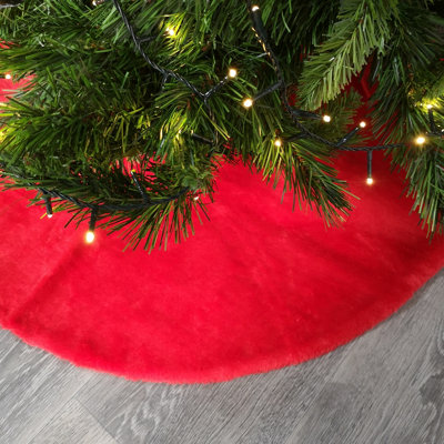 90cm Red Fluffy Plush Christmas Tree Skirt with Ribbon Ties