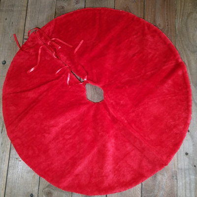 90cm Red Fluffy Plush Christmas Tree Skirt with Ribbon Ties - 7