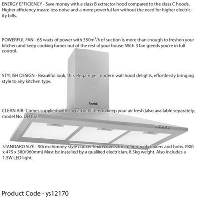 90cm STEEL Chimney Style Cooker Hood & Carbon Air Filters Kitchen Extractor Fan